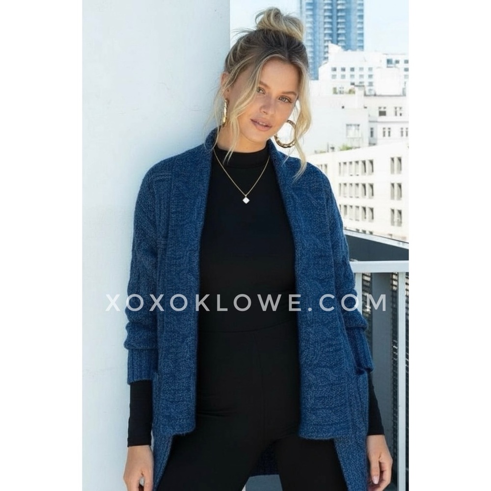 POL Ocean Blue Open Front Cable Knit Cardigan | Relaxed Fit - Picture 3 of 9